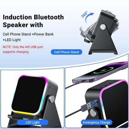 🎶📱 5-in-1 Wireless Induction Bluetooth Speaker with Adjustable Phone Stand